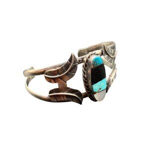 Sterling silver Turquoise Onyx MOP Inlay cuff bracelet Handmade Mexico 925